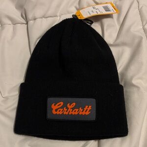 Carhartt Black Knit Hat with Orange Emblem
